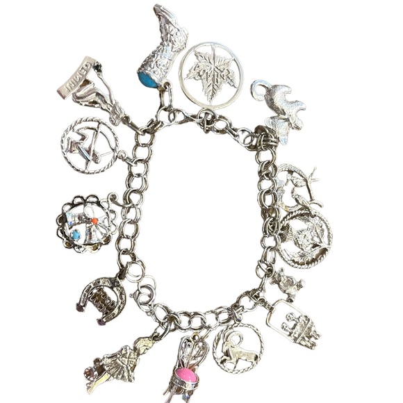Sterling silver charm bracelet vintage Gemini kitty thistle ram boot good luck - Picture 1 of 9